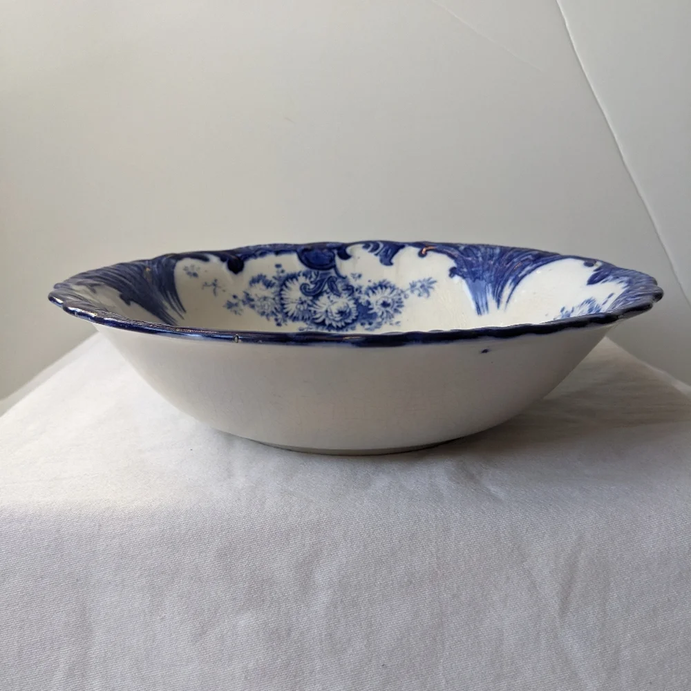 Antique Upper Hanley England Dahlia Flow Blue Floral Round Vegetable Bowl